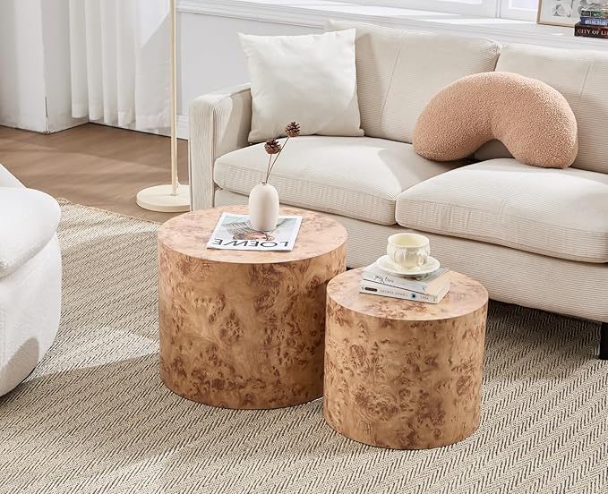 CIMOTA Round Wood Nesting Coffee Table Set of 2, Modern Circle Travertine End Side Table Sets for Living Room, Natural Burl Color/No Assembling