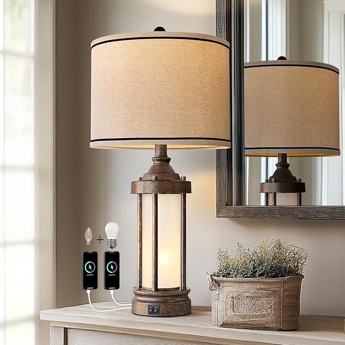 25'' Table Lamp for Living Room Bedroom Farmhouse Metal Lamps with 2 USB Ports, Built-in Frosted Glass Night Light Vintage Industrial Nightstand Bedside End Lamp, 2 Bulbs Included, Bronze