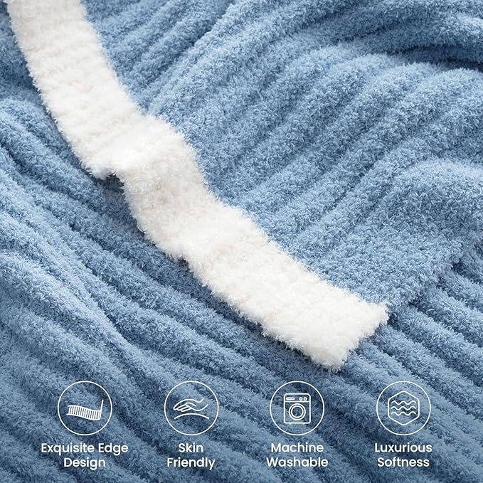 Snuggle Sac Fluffy Ribbed Blue Bedding Blanket Twin Size, Soft Luxurious Knit Fuzzy Plush Microfiber Blankets for Sofa, Bed, Blue, 60x80 inches