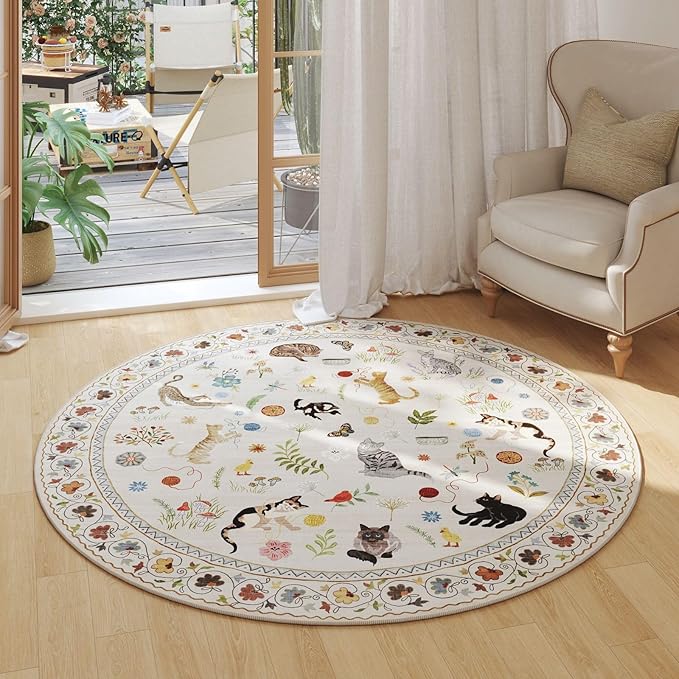 Rugcomf Round Rug 6ft Washable Circle Rug Non Slip Low Pile Boho Floral Animal Cat Small Circular Rug for Bedroom Bathroom Entryway Kids Room Office College Dorm, Beige
