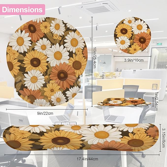 Vintage Daisy Sunflower Mouse Pad with Wrist Rest and Keyboard Wrist Rest Set, Non-Slip Rubber Base Memory Foam Mouse Pad Set for Women, Office Desk Accessories, Gaming