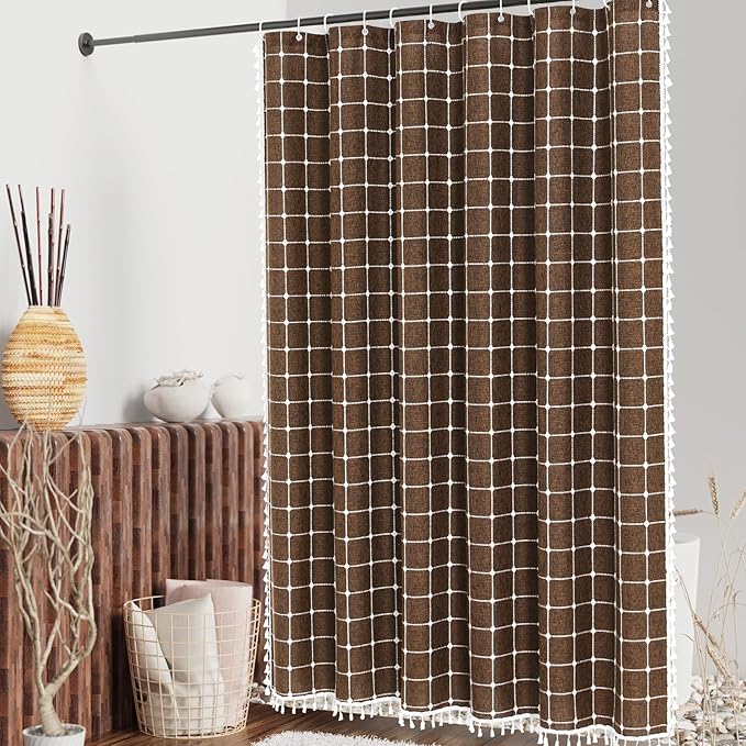 MitoVilla Brown 72 x 78 Farmhouse Shower Curtain, Boho 78 inch Long Polyester Linen Tassel Fabric Shower Curtain Set for Chic Cottagecore French Rustic Bathroom Decor