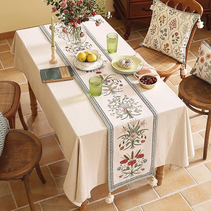 ISAENNE Designer French Country Linen Table Runner 87 Inches Long,Elegant Colorful Floral Pattern Table Runners for Dining Tables,Thanksgiving,Christmas,Kitchen Decor,12"*87"-Serenity F