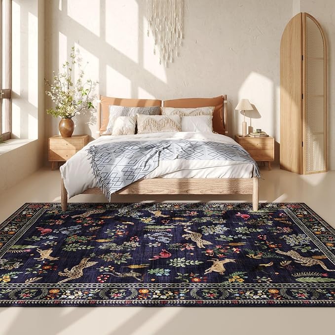 Rugcomf Area Rugs 8x10 Rug for Living Room Clearance Washable Boho Area Rug Non Slip Floral Animal Vintage Low Pile Large Rug for Living Room, Bedroom, Farmhouse, Dining Room, Kids Playroom (Blue)