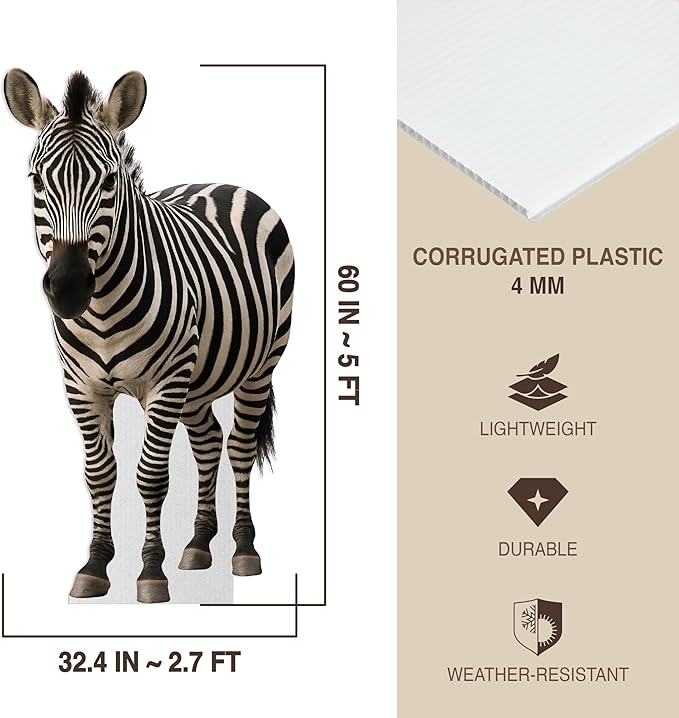 Zebra Life Size Standee - 5FT Freestanding Coroplast Cutouts | Safari Animal Standup Photo Booths, Jungle Party, Birthday & Halloween Decorations