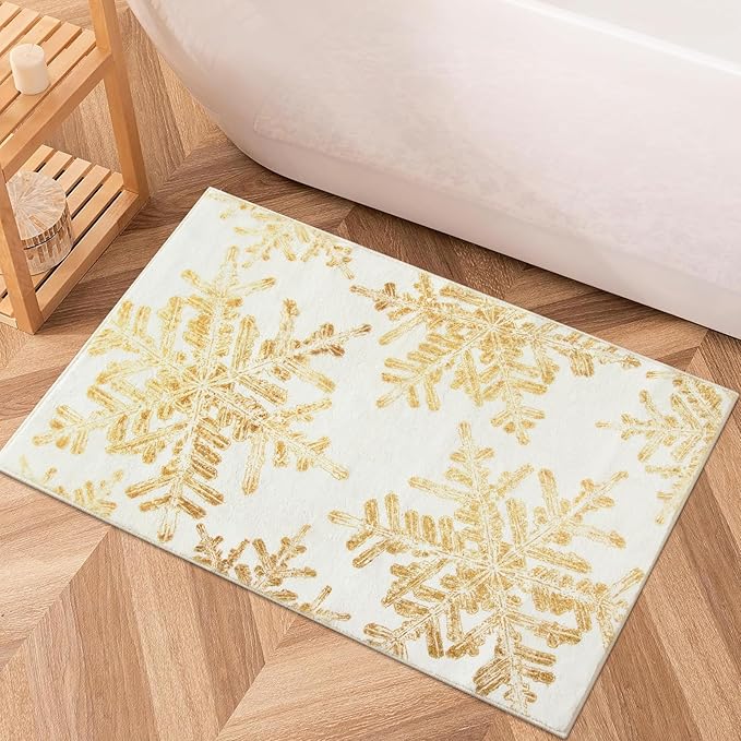 Lahome Snowflake Christmas Rugs for Entryway, 2x3 Christmas Kitchen Rugs Non Slip Merry Christmas Door Mat Indoor, Washable Small Rug Holiday Decor Carpet for Bathroom Entry Bedroom(2x3ft,Gold)