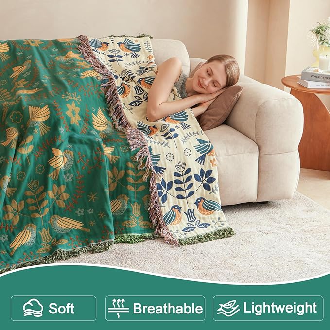 Boho Throw Blanket 60"x80", Soft Cozy 100% Cotton Blanket for Bed, Fall Blankets with Floral Bird Farmhouse Decor Breathable Lightweight Twin Size All Season