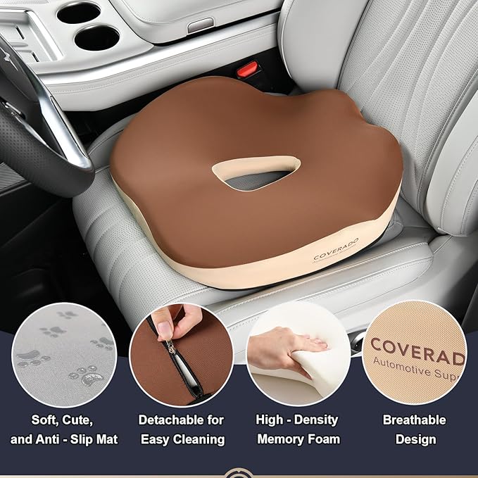 Coverado Car Seat Cushion with Memory Foam, Ergonomic Driving Seat Cushion for Sciatica, Tailbone, Back Pain Relief, Premium Non-Slip Washable Cushion for Car, Driver, Office, Wheelchair