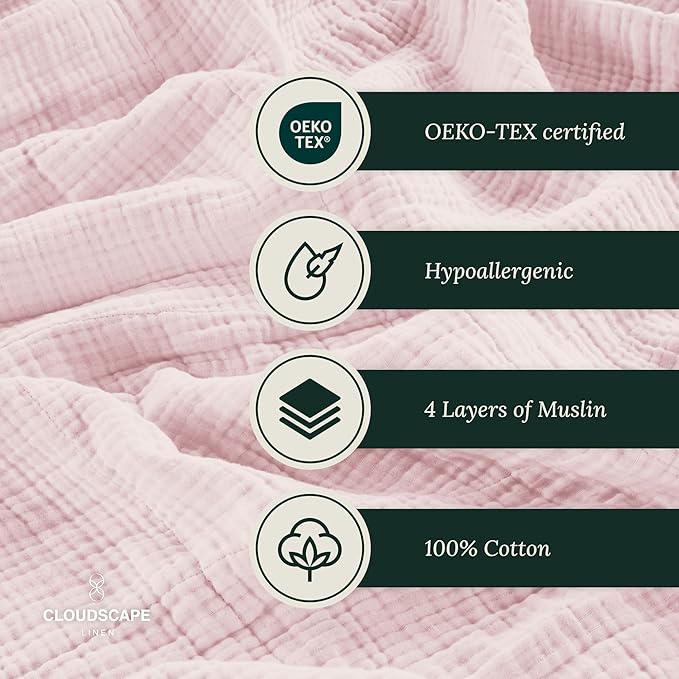 Cloud Scape Linen Extra Large 4 Layer Muslin Throw Blanket - 100% Cotton Gauze, Lightweight & Breathable All Season, Pre-Washed, for Couch & Bed, 50x70, Seashell Pink