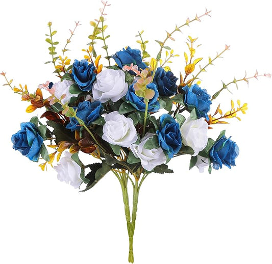 Artificial Flowers,2 Packs of Artificial Roses.24 Little Rose Silk Flowers. Plastic Flowers,Plants for Home Hotel Wedding Christmas Tables Decorations.Cemetery Flowers Dark Blue