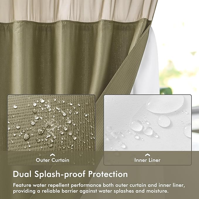 Mrs Awesome No Hook Shower Curtain with Snap-in Liner, Embossed Waffle Design Fabric Shower Curtain for Bathroom, Soft & Lightweight, 71x74, Taupe