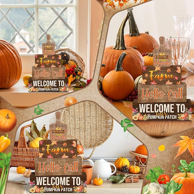 4 Pcs Fall Decorations for Home Farmhouse Tiered Tray Decor, Fall Kitchen Decor Rustic Wooden Cutting Board Block Sign Autumn Thanksgiving Harvest Tabletop Centerpieces for Home Table Indoor