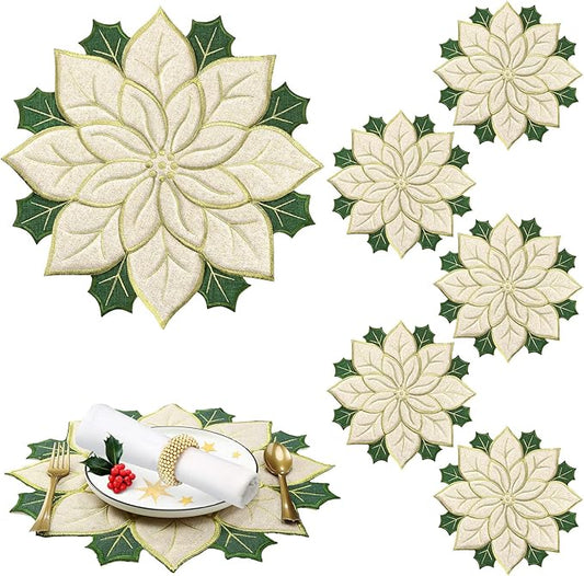 Christmas Placemats Set of 6 Christmas Embroidered Placemats 14 x 14 Inch Round Elegant Double Layer Appliqué Poinsettia Xmas Flower Place Mat Table Decorations for Home Dining Holiday