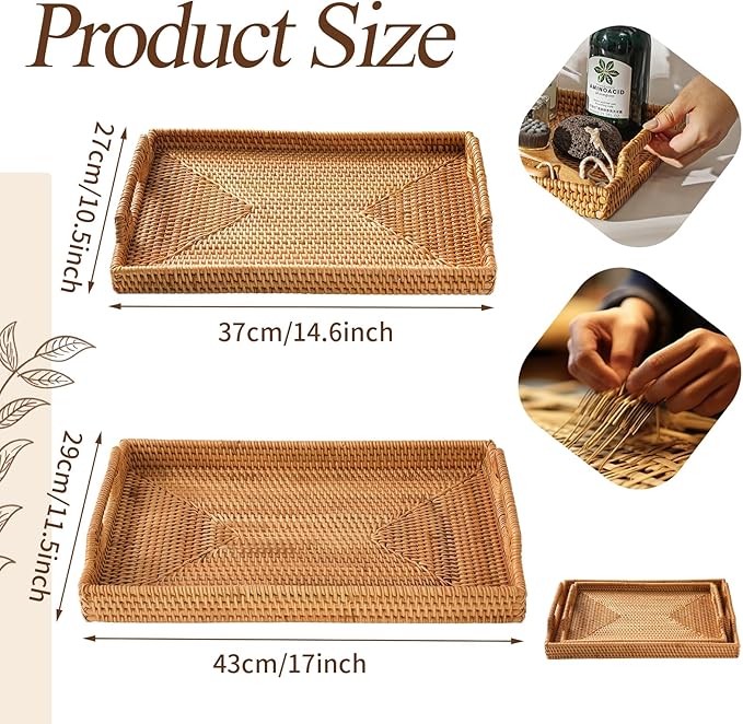14.5'' Rattan Serving Tray Rectangle with Handles, Vintage Wicker Tray for Decor, Boho Seagrass Coffee Table Basket, Hand Woven Decorative Table Tray for Kitchen, Breakfast, Bathroom, Outdoor