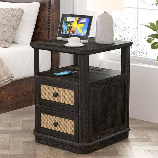 End Table with Charging Station, 24” Tall Sofa Side Table with Rattan Drawer, Anti-Collision Angle Wooden Night Stand for Living Room, Bedroom, Office.