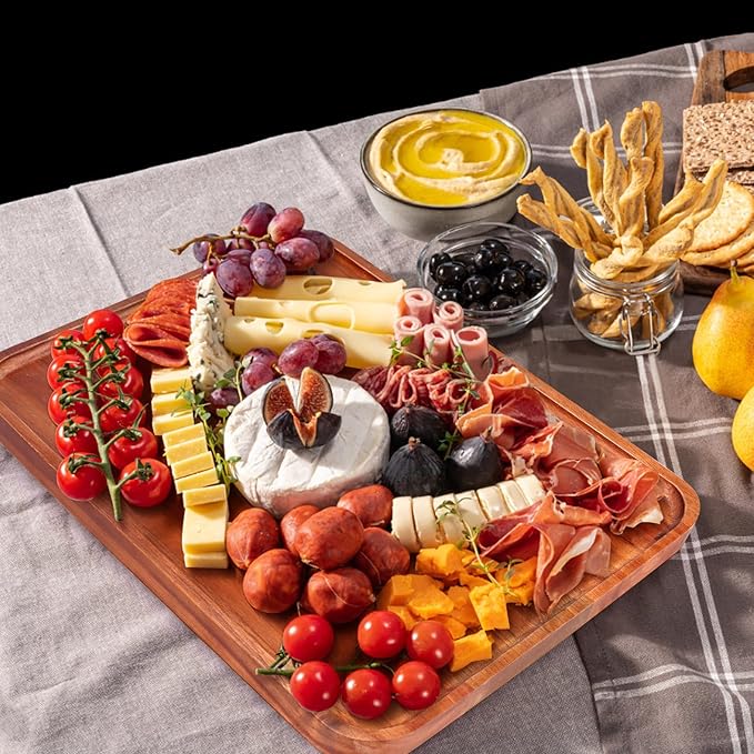 16" X 10" Large Wooden Serving Trays Acacia Wood Charcuterie Boards Rectangular Serving Platters for Cookie, Dessert, Party Food Dish Snack Appetizer Plates Kitchen Platter Tray Cheese Board