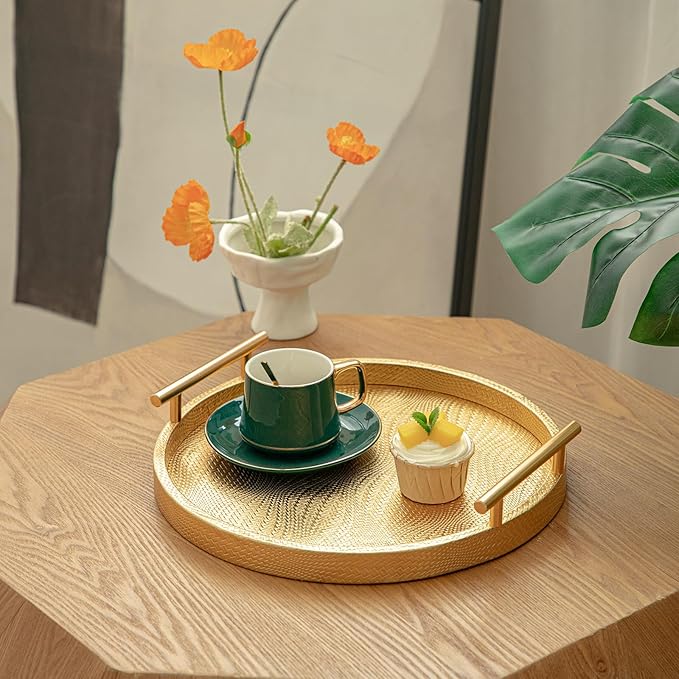 2 Piece Golden Round Serving Tray with Handles, Woven-Texture Faux Leather Ottoman Tray for Living Room, Decorative Tray for Coffee Table Home Decor