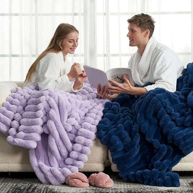 Cozy Bliss Faux Fur Throw Blanket for Couch, Cozy Warm Plush Striped Blanket for Sofa Bedroom Living Room, 108 * 90 Inches Lavender