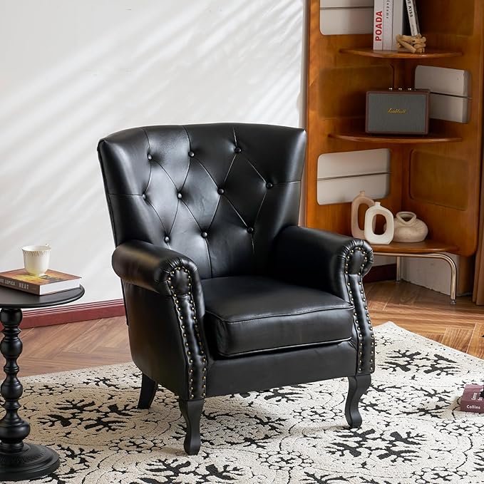 MOJAY PU Leather Accent Chair, Mid-Century Modern Armchair Living Room Club Chair with Tufted Button & Rivet Trim, Upholstered Sofa Chair with Sturdy Wood Legs for Bedroom (Black)