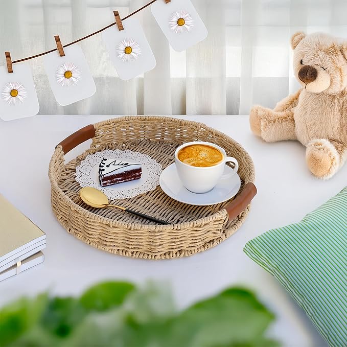 Rattan Organizer with Leather Handles – Decorative Wicker for Home Decor – Versatile Storage & Serving Solution for Kitchen and Living Room (Round-14IN)