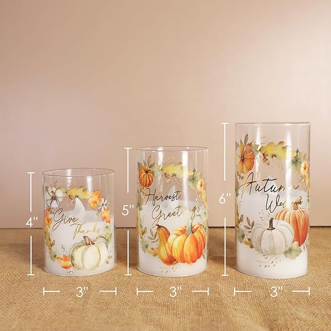 Fall Flameless LED Candles with Remote Timer Set of 3 Warm Lights DIM Home Decor Battery Operated Pumpkin Maple Leaves Painting Harvest Ornament Autumn Thanksgiving
