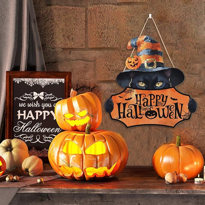 HPNIUB Black Cat Halloween Plaque, Rustic Witch Hat Pumpkins Wood Hanger for Home, Cute & Scary Wooden Sign for Halloween Party Front Door Decor