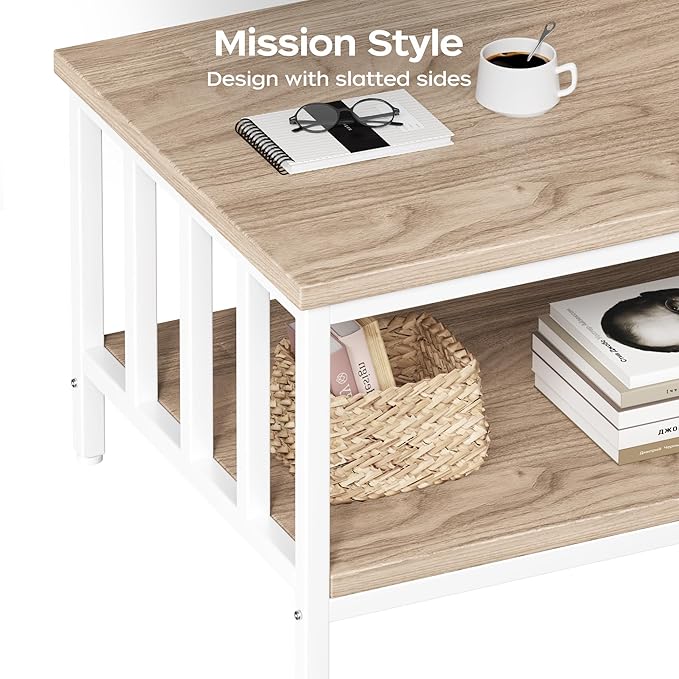 Coffee Table for Living Room with Slatted Sides Frame, Modern Farmhouse Living Room Table with 2-Tier Storage Shelf for Home Office, Apartment, 39 inch, Light Coffee