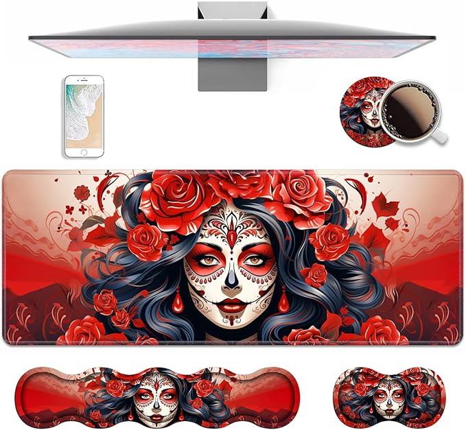 4 in 1 Ergonomic Keyboard Wrist Rest & Mouse Pad Wrist Rest Set, Large XXL Gaming Desk Mat 31.5"x 11.8" with Non-Slip Base, Memory Foam for Home Office Study Gaming, Sugar Skull Girl Roses