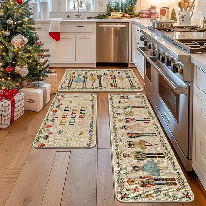 Artoid Mode Watercolor Nutcrackers Merry Christmas Decorative Kitchen Mats Set of 2, Home Party Low-Profile Kitchen Rugs - 24"x36"+24"x59"+24"x72"
