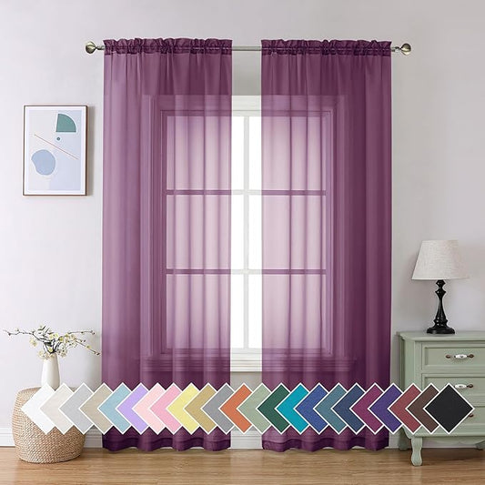 Aiyufeng Plum Purple Sheer Curtains 84 Inches Long 2 Panels, Solid Voile Top Dual Rod Pockets Stylish Breathable Drapes Window Treatment for Kid's Room/Bedroom/Living Room, 40W x 84L inches