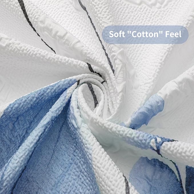 QIYI Small Stall Half Watercolor Floral Shower Curtain, 3D Embossed Butterflies Blue Flower Cloth Bathroom Curtain, Waterproof Fabric White Shower Curtain Set with Hooks