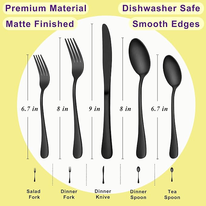 Herogo 20-Piece Matte Black Silverware Set with Drawer Organizer, Stainless Steel Flatware Cutlery Set for 4, Modern Tableware Eating Utensils with Tray, Dishwasher Safe, Satin Finish