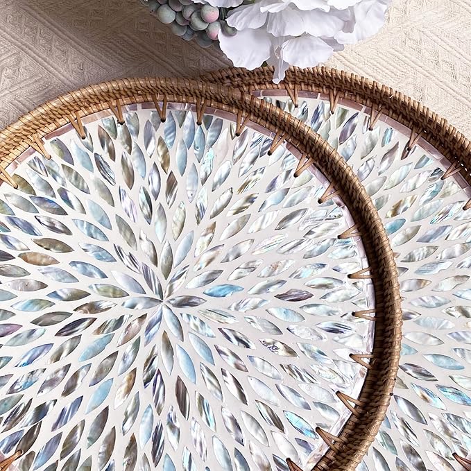 i-lan Mother of Pearl Inlay and Natural Wicker Mixed 16Inch Round Decorative Serving Platter,Rattan Coffee Bread Serving Display Tray with Sea Blue MOP Inlay for Table Decor,Storage of Fruit,Candy.