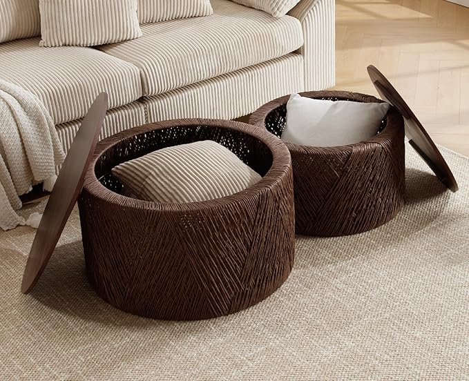 chairus Nesting Coffee Table Set of 2 Woven Round Coffee Table with Storage Solid Wood Side Table for Small Spaces, Living Room, Bedroom, Office, Dark Brown