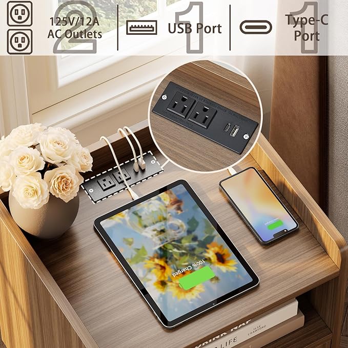 Night stand Set of 2, Bedside Tables with Charging Station, Rattan End Tables, Bed Side Tables, Wood Nightstands set of 2 for Farmhouse Kids' Room Bedroom Living Room Dorm Sofa Office Corner(Brown)