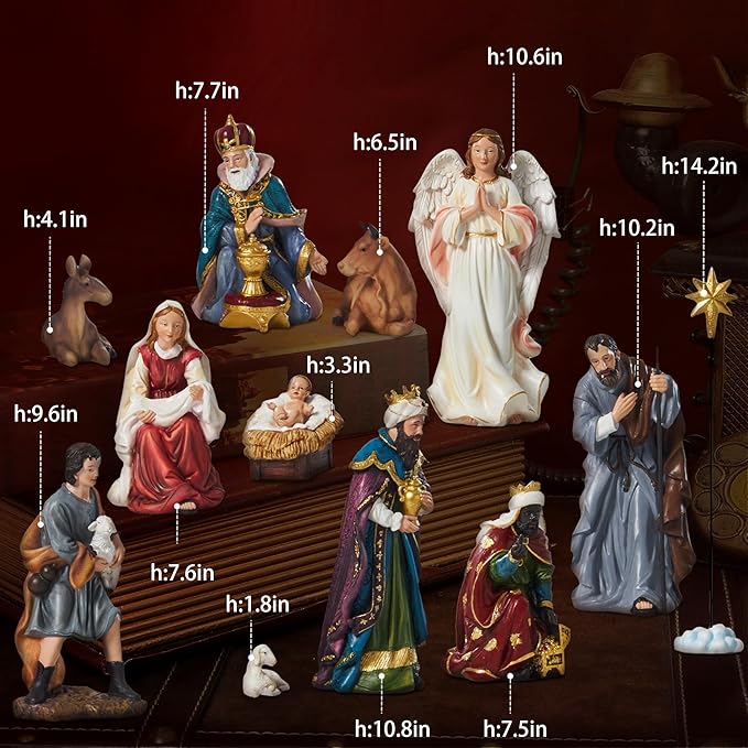 TOETOL Nativity Sets for Christmas Indoor 11.8 Inch Tall Large Set of 13 Pieces Resin Scene Figurine Ornament Religious Christmas Table Decorations Collection Gifts Holidays Decor