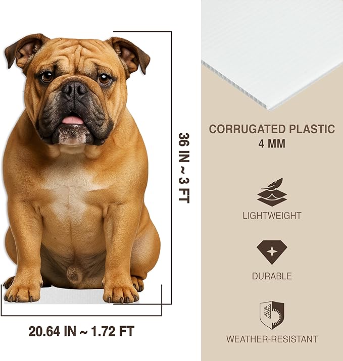 Bulldog - Fawn Life Size Standee - 3FT Freestanding Coroplast Cutouts | Pets Animal Standup Photo Booths, Birthday & Halloween Decorations