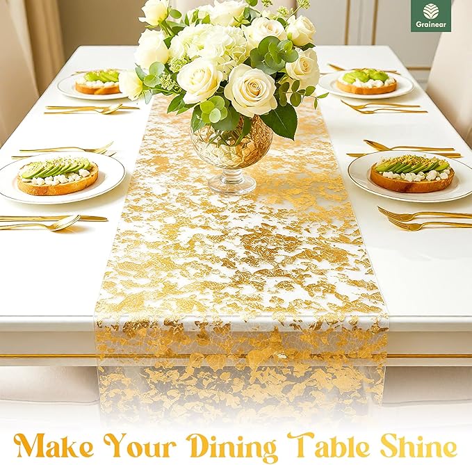 Gold Table Runner 11" x 49 ft (1 Roll) – Sparkly Table Decorations, Sequin Glitter Foil Mesh Roll for Weddings, Christmas, Birthdays, Valentine’s Day, Holidays & DIY Projects