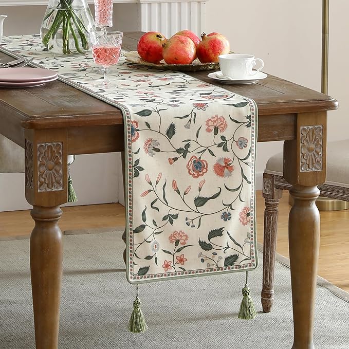 ISAENNE Designer Chinoiserie Elegant Linen Floral Table Runner 102 Inches Long,White Wrinkle Resistant Table Runners for Dining Tables,Thanksgiving,Kitchen Tables,Christmas,12"*102"-Daffy A