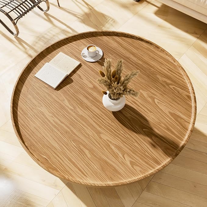 Round Coffee Table with Stylish Curve, 31.5" Circle Wooden Living Room Coffee Table, Modern Farmhouse Center Accent Furniture, Child-Friendly, Easy to Assembly, Brown