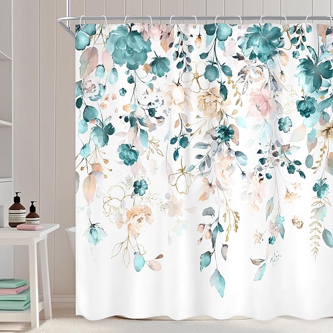 Floral Flower Shower Curtain 72Wx72L Inch Teal Green Eucalyptus Leaf Rustic Watercolor Pastel Bathroom Set Country Plant Botanical Pretty Bath Curtain Bathtub Accessories Home Decor