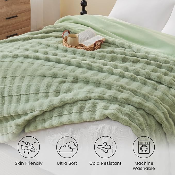 Cozy Bliss Fluffy Faux Fur Blanket Queen Size for Bed, Fuzzy Soft Striped Plush Blanket, Thick Throw for Bedroom Couch Gift, 90x90 Inches Sage Green