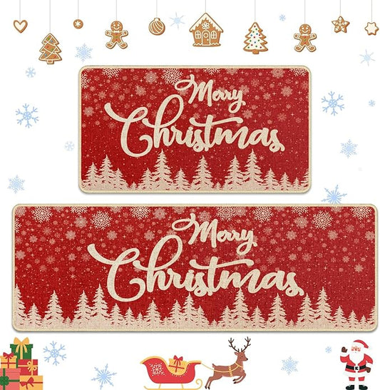 Christmas Snowflake Tree Kitchen Rugs and Mats Non Skid Washable Set of 2, Xmas Kitchen Mats for Floor Decor