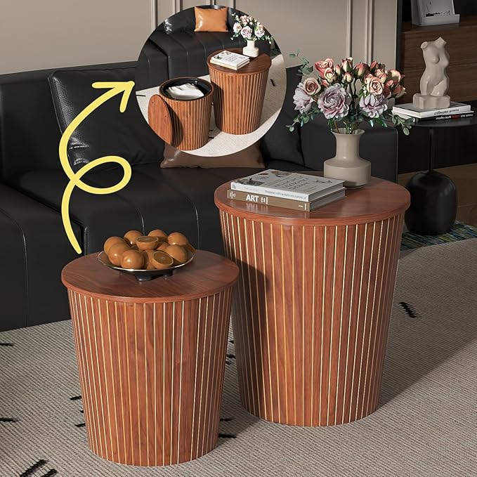 Round Coffee Table Set,2-Piece Modern Farmhouse Living Room End Table Set, Nesting Table Round Natural Finish for Living Room (Walnut, 17.72'')