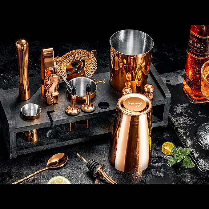 Soing 24-Piece Cocktail Shaker Set,Perfect Home Bartender Kit for Drink Mixing,Stainless Steel Bar Tools with Stand,Velvet Carry Bag & Recipes Cards Included (Rose copper)