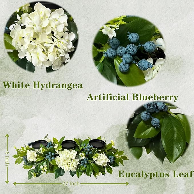 All Season Candle Holder Centerpiece for Table with Artificial Blueberry,White Hydrangea and Eucalyptus Leaf for Table Centerpiece Decor,Dining Room,Party Home Decor