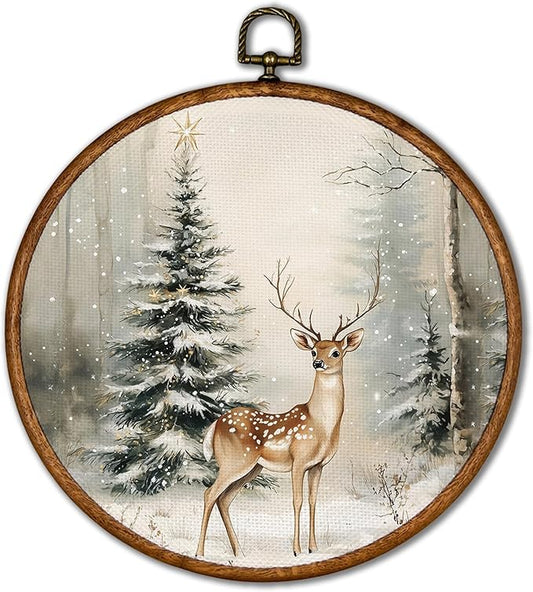 KSDUT Christmas Wall Decor Art - Winter Woodland Xmas Wall Art Canvas Frame Hanging Prints, Vintage Pine Tree Deer Holiday Landscape Round Wall Art Decor for Home Farmhouse Decorations 10"x10"