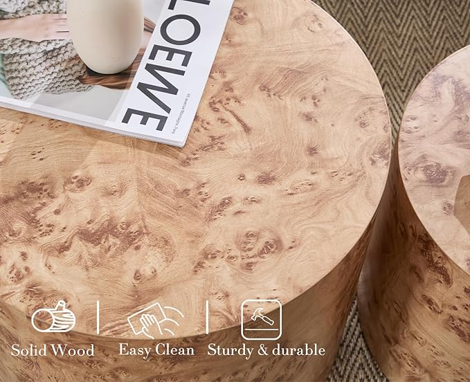 CIMOTA Round Wood Nesting Coffee Table Set of 2, Modern Circle Travertine End Side Table Sets for Living Room, Natural Burl Color/No Assembling