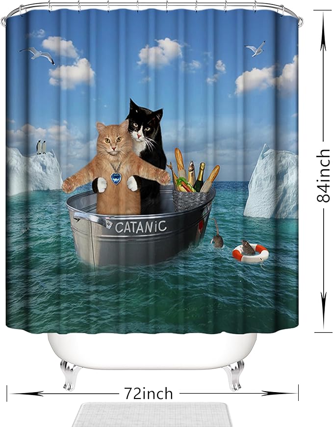 Domoku Cat Shower Curtain Funny Pet Kitten Couple Cosplay in Ocean Fun Cute Cat Bathroom Shower Curtains Polyster Fabric Waterproof with 12Hooks,72 * 84inch/180cm*210cm