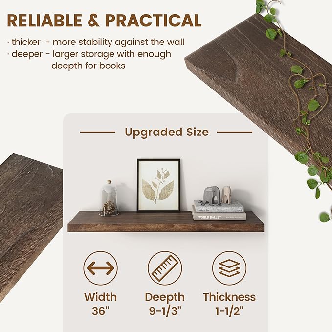 Rustic Elm Wood Floating Shelves for Wall, Flat Edge 36"W x 9.2"D x 1.4"H, Set of 2 with Invisible Bracket, Wall Mounted Storage Shelves for Living Room Bedroom Kitchen Bathroom Decor, Walnut Finish